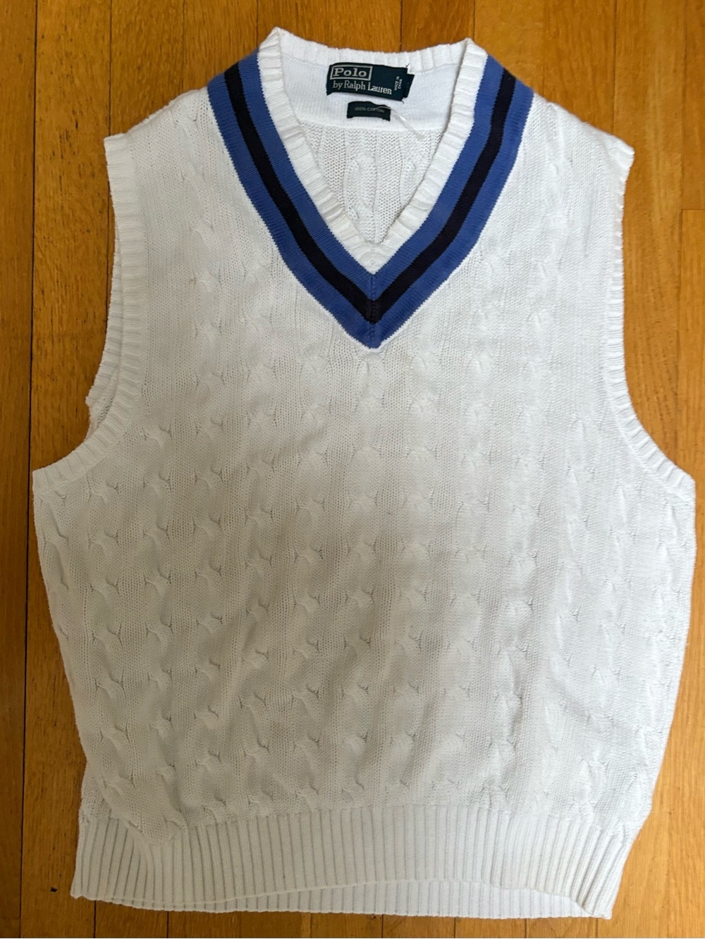 Polo Ralph Lauren Cable Knit Sweater Vest – White Blue Navy 100% Cotton large